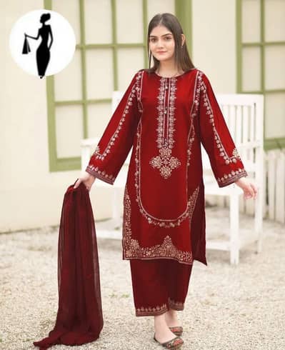 Maroon Shamoz Silk 3pc Suit Full Embroidered - Chest 21"`