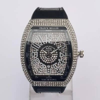 Frank Miller Men Crystals Watch Black Leather Strap