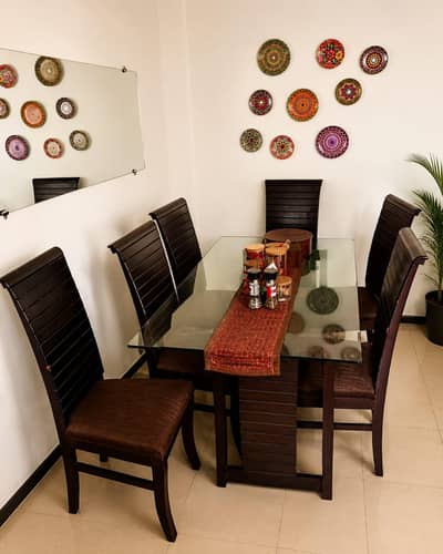 6 Seater Wooden Dining Table Set with Double Glass