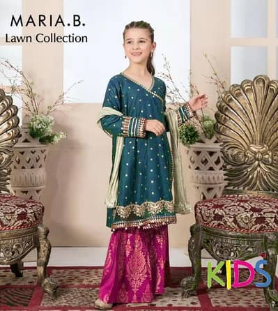 Kids Maria B Style Embroidered Lawn Dress 3 Piece – Blue & Pink Fancy