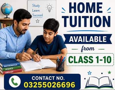 Home tutor available for Class 1 to matric