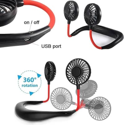 USB rechargeable black neck fan for office travel