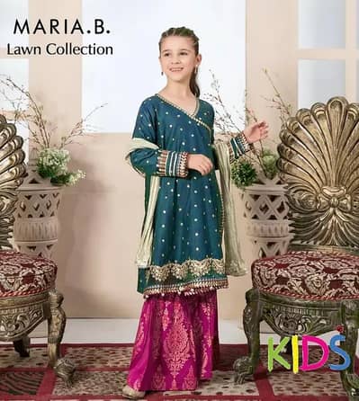 Kids Maria B Style Embroidered Lawn Dress 3 Piece – Blue & Pink Fancy