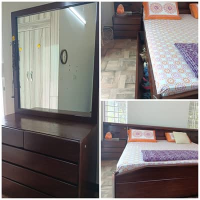 Wooden Bed set with Drawers side table dressing table and mattress