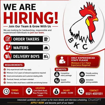 We are hiring Experienced hardworking and responsible staff