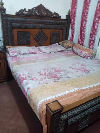 Wooden Double Bed With Side Tables