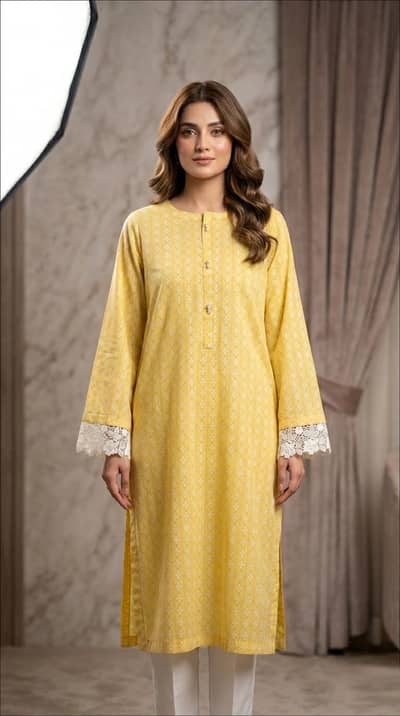Lemon Yellow Lace Cotton Kurti For Girls/ Women