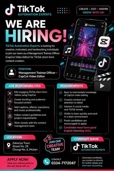 CapCut Video Editor Required | Automation Experts | Jobs in Multan