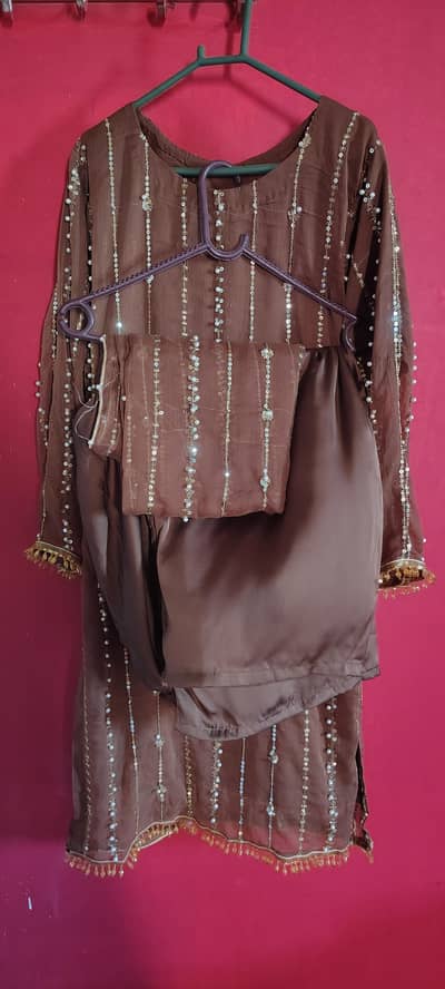 brown embellishment and pearl work 3 piece dress