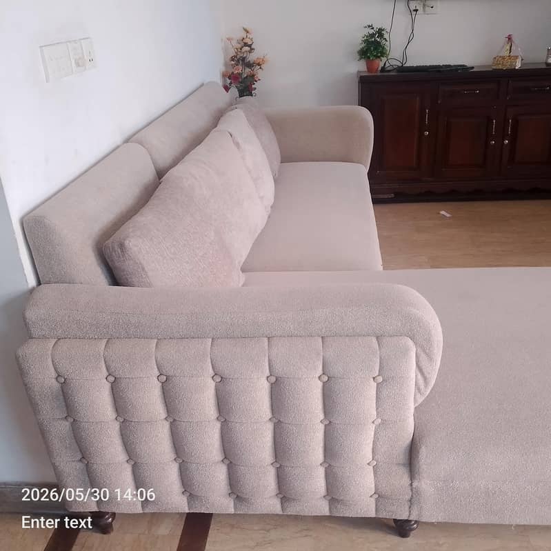 solid wood L- shaped sofa alongwith  cushions and cover 2