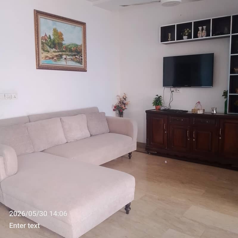 solid wood L- shaped sofa alongwith  cushions and cover 3