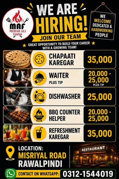 Staff Required – BBQ Helper & Refreshment Karigar | Rawalpindi