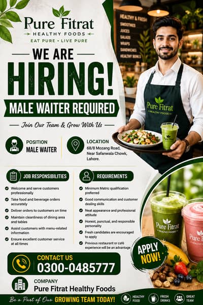 Male Waiter Required | jobs in Lahore