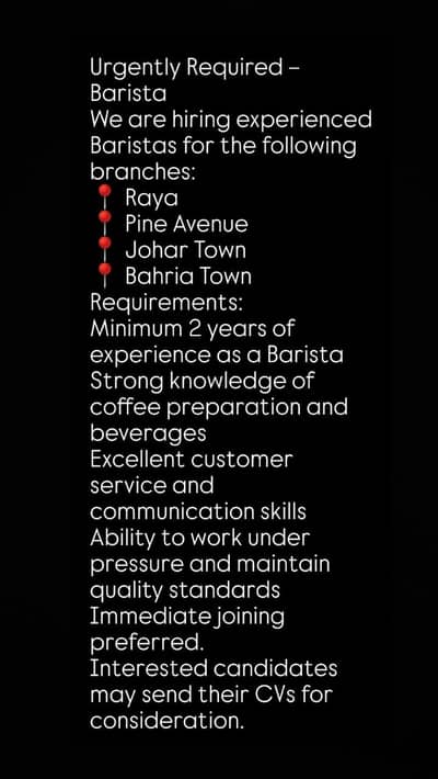 Urgently Barista Required