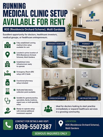 A running Clinic in ROS Jhang Bahattar is available for rent/sale