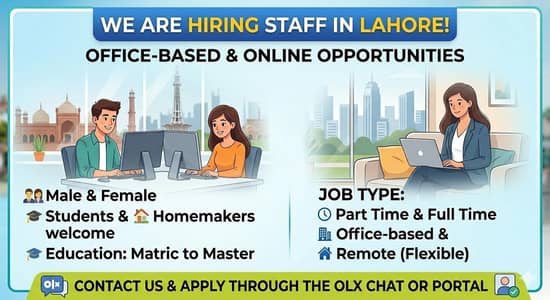 hiring for jobs office work ,house base work in Lahore (Male/Female)