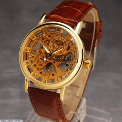 Mean's Gold Leather Watch with Roman Dial