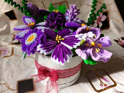handmade fuzzy wire purple box bouquet