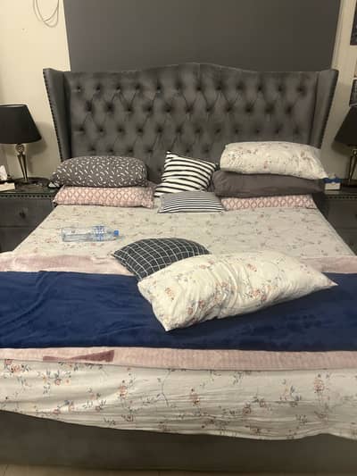 Grey velvet tufted wingback bed frame