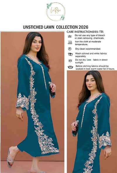 Unstitched Lawn Suit Blue Gold Embroidery for