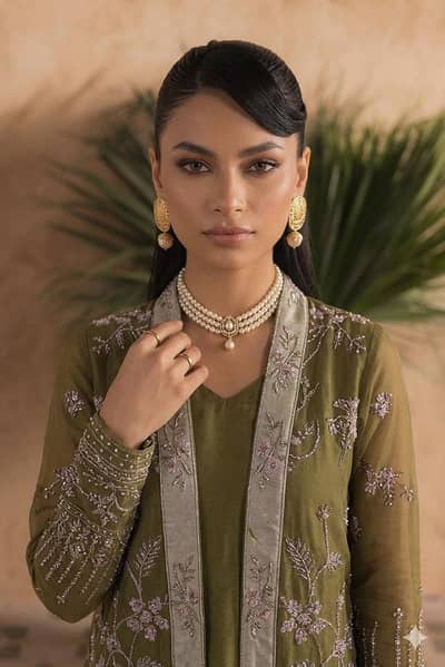 Open Gown cutdana work Olive Green premium dress