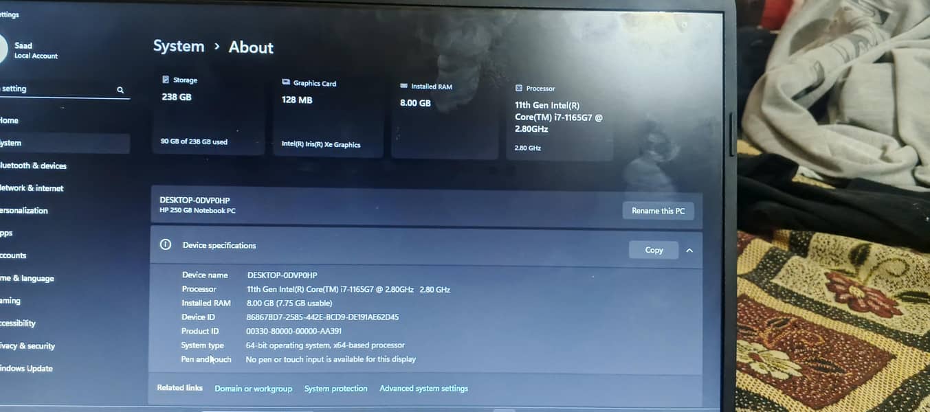 HP 250 G8 Notebook  PCProcessor: Intel Core i7 4