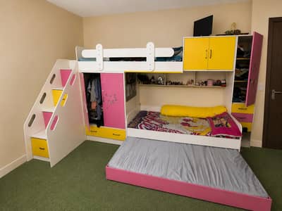bunk bed of 3 with wardrobe and storages