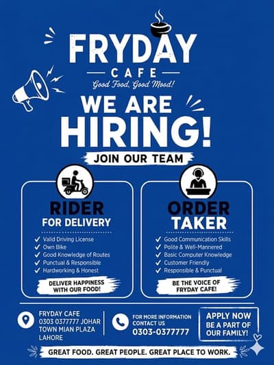 Order Taker Required  for Fryday Cafe – Johar Town Lahore