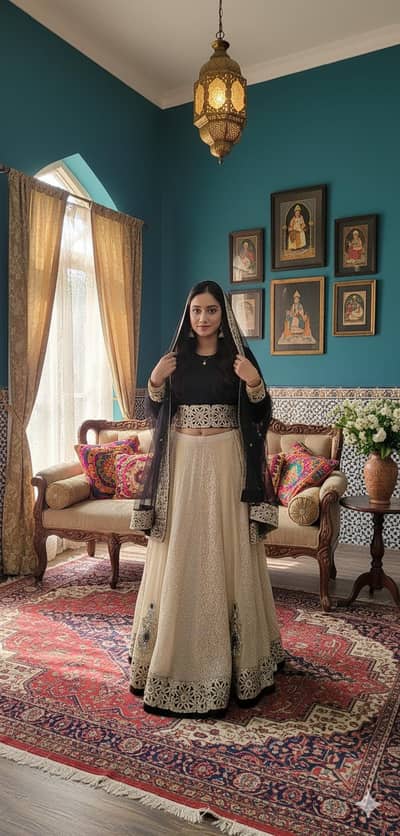 Embroidered Lehnga, Kurti & Poncho