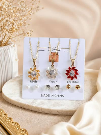 3 in 1 Gold Plated Crystal Flower Pandent Set For Woman