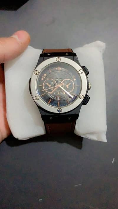 Men's chronograph watch brown leather strap stainless steel