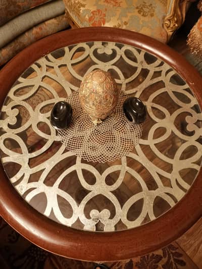 Center Table Brown color, Glass Top with golden design