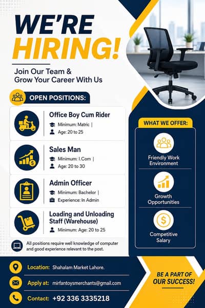 Multiple Vacancies – Office Boy, Salesman, Admin Officer & Warehouse S