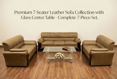 Premium 7-Seater Leather Sofa Set with Designer Glass Center Table