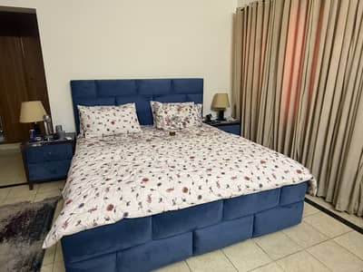 Modern velvet blue king size , mirror and side tables  for sale