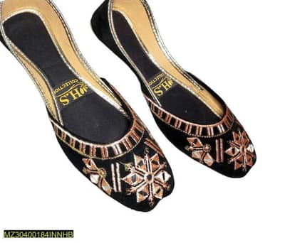 women's Embroidered PU Khussa Black Gold