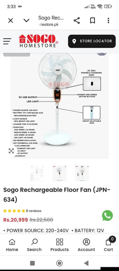 sogo AC/DC rechargeable fan