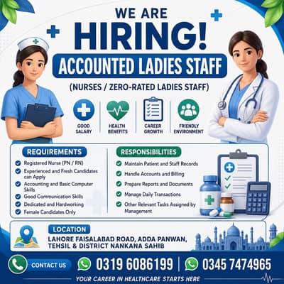 Required Female Medical staff, Nurses, doctors, Accountant for clinic