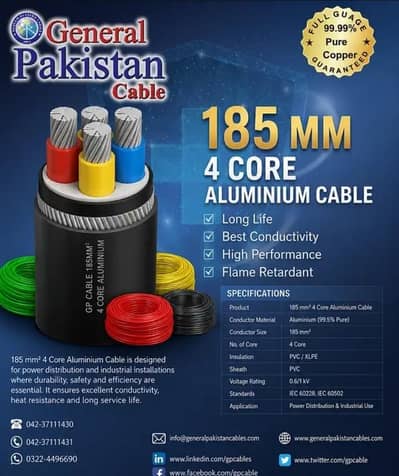 185 MM 4 CORE ALUMINIUM CABLES 37/103 1100VOLT GENERAL PAKISTAN CABLES
