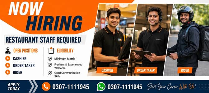 Cashier || Order Taker || Rider || Restaurant Jobs (Male)