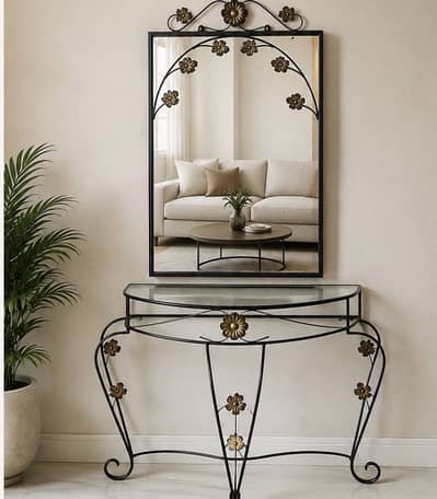 Elegant Wrought Iron Console Table with Matching Mirror