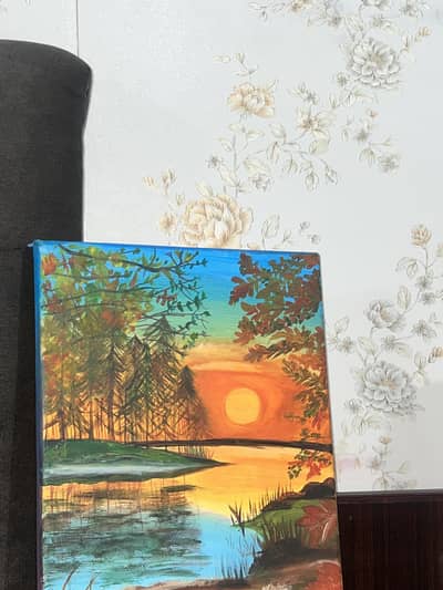 Handmade Beautiful Sunset Lake Landscape Canvas Painting