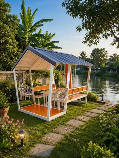 Modern Garden Gazebo with Hanging Swing Chairs & Dining Table