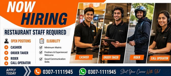 Cashier || Order Taker || Rider || Call Operator ,  Restaurant Jobs