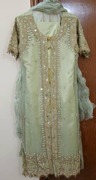 Mint Green Embroidered Organza Three-Piece Festive Suit