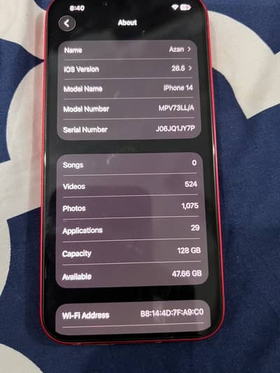 iPhone 14JV 128GB Red – Battery Health 83%