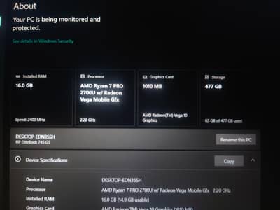 Hp elitebook 745 g5  ryzen 7 pro