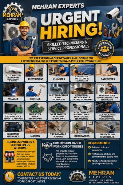 Urgent Required AC Technician Electricians plumbers/Solar installers