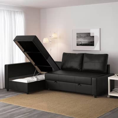 Corner sofa-bed with storage, Leather -black
