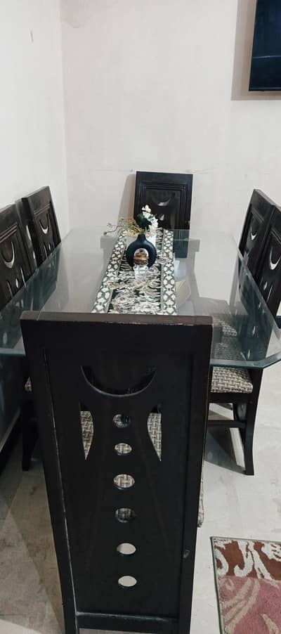 Original wood and glass dining table with 6 chairs